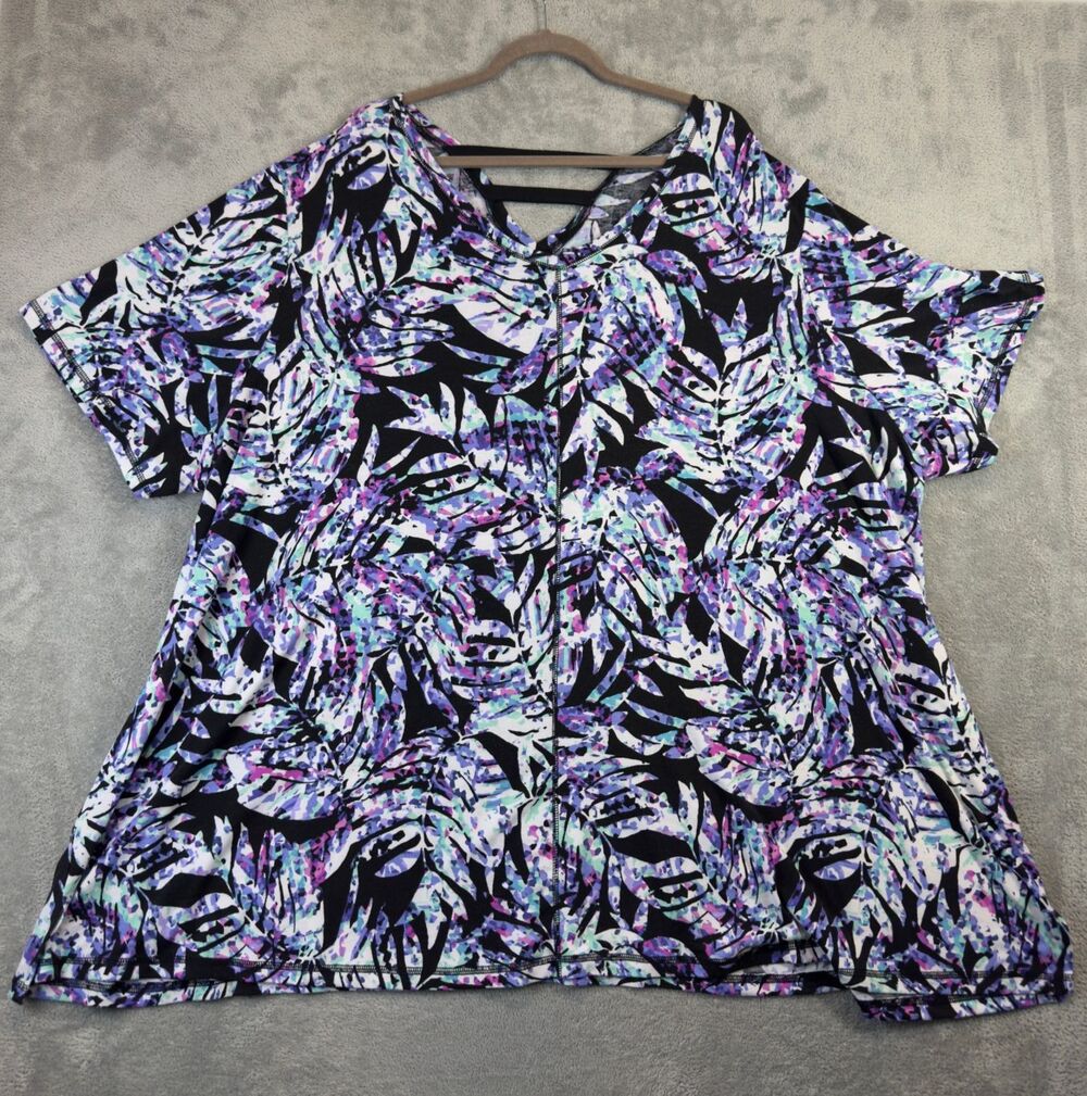 Catherines Shirt Womens 5X 34/36 Black Purple Geometric Stretch Short Sleeve Top